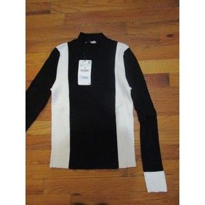 NWT ZARA women knitwear black ribbed knit top white stripe side panels / cuffs M